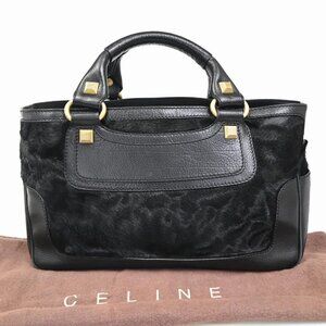 CELINE Logo Boogie Hand Bag Pony Hair Leather Canvas Black GHW Italy 34ZA108